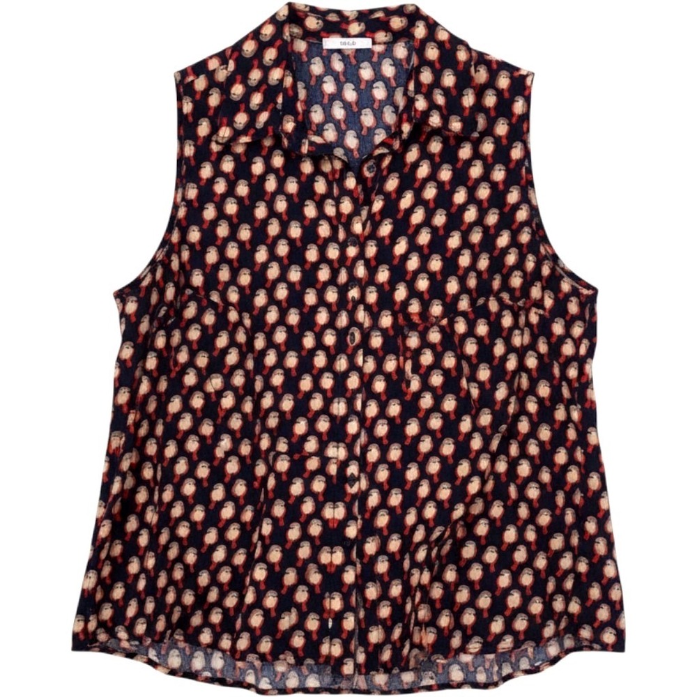 Halo Bird Print Women's XL Sleeveless Buttoned Blouse Black Red Brown G1043LJS12